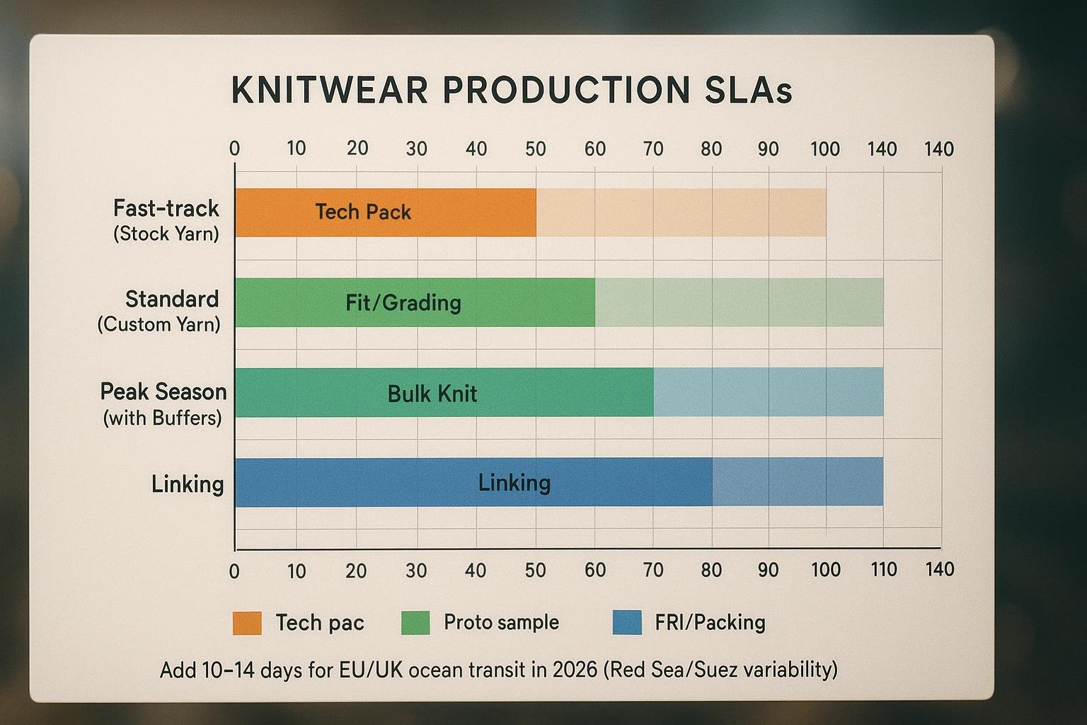 Audit-ready knitwear SLA Gantt chart comparing fast-track, standard, and peak-season timelines from proto to ready-to-ship with a note to add 10–14 days for EU/UK ocean transit.
