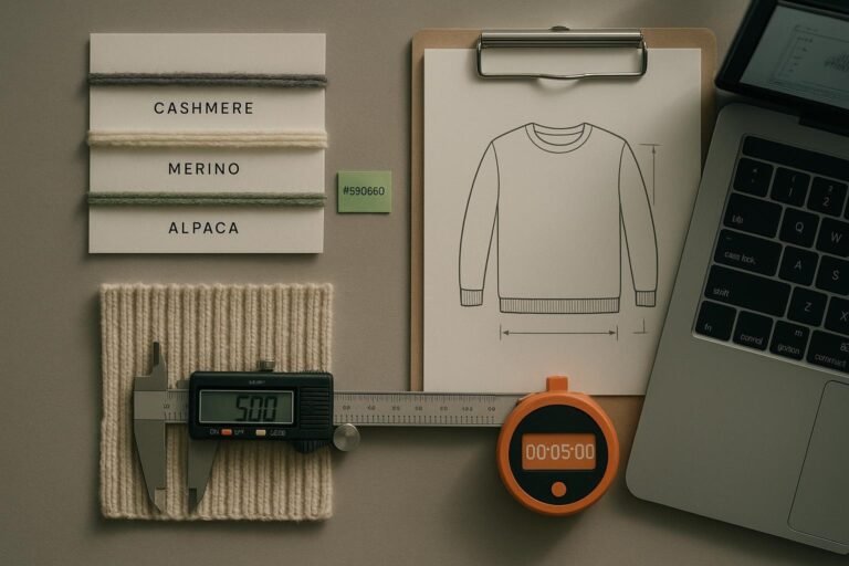 Flat-lay of knitwear sampling tools—swatch cards, gauge sample, tech pack, and stopwatch—implying a fast 3–5 day workflow.