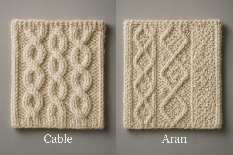 Side-by-side cable knit and Aran knit swatches showing rope cables versus multi-motif textures