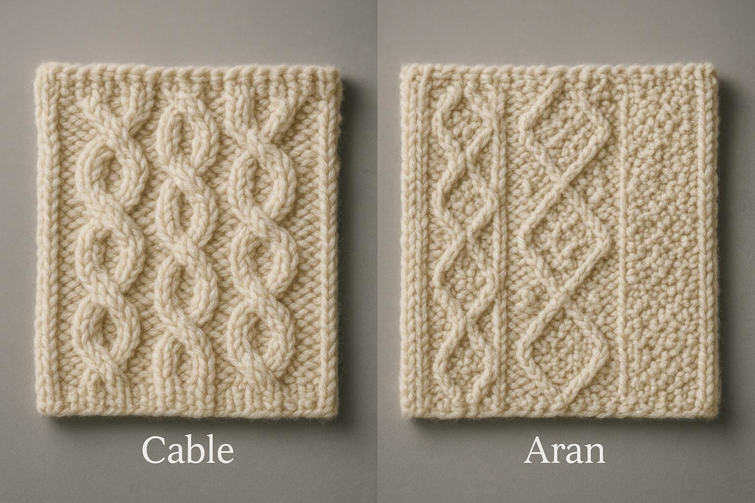 Side-by-side cable knit and Aran knit swatches showing rope cables versus multi-motif textures
