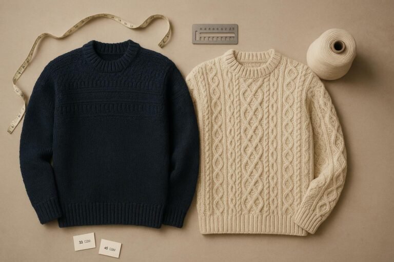 Flat-lay of a navy fisherman gansey and a cream Aran cable sweater with measuring tools and yarn cone, highlighting stitch differences.