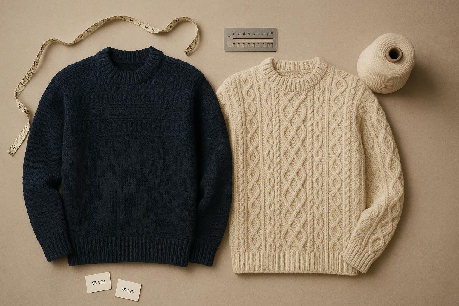 Flat-lay of a navy fisherman gansey and a cream Aran cable sweater with measuring tools and yarn cone, highlighting stitch differences.