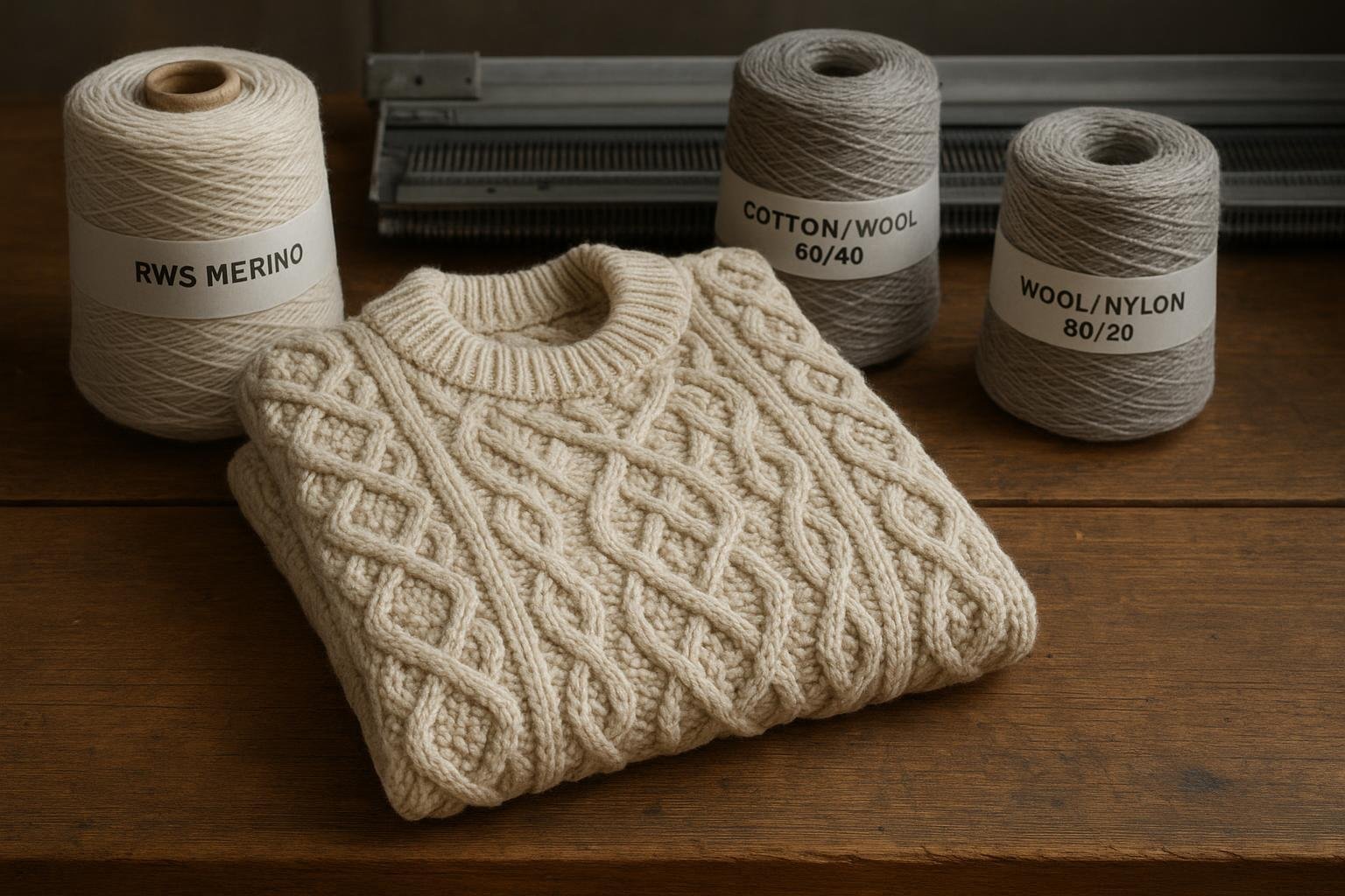 Cover image: sculptural cable-knit Aran sweater with yarn cones for RWS Merino, Cotton/Wool 60/40, and Wool/Nylon 80/20 on a workbench, 3–5GG gauge dial in background.