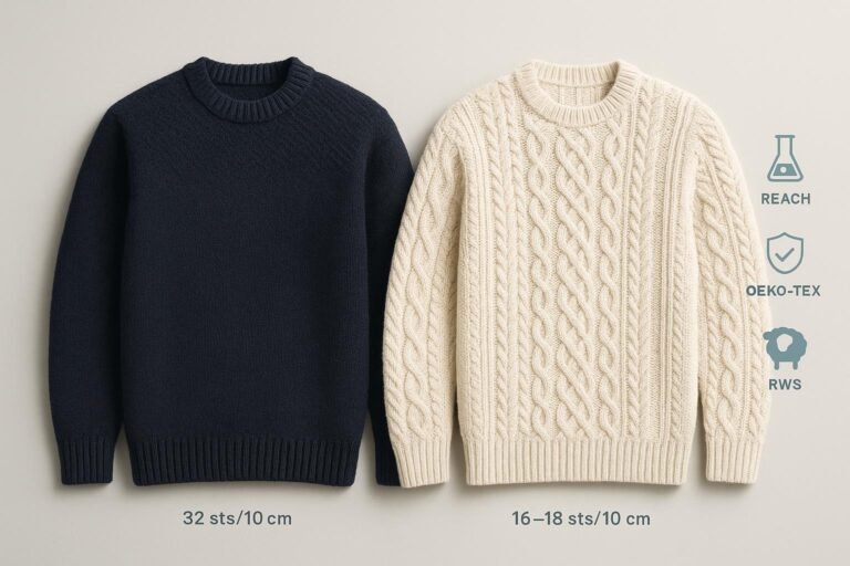 Guernsey vs Aran sweater cover: navy dense gansey beside off‑white cable Aran with technical gauge annotations