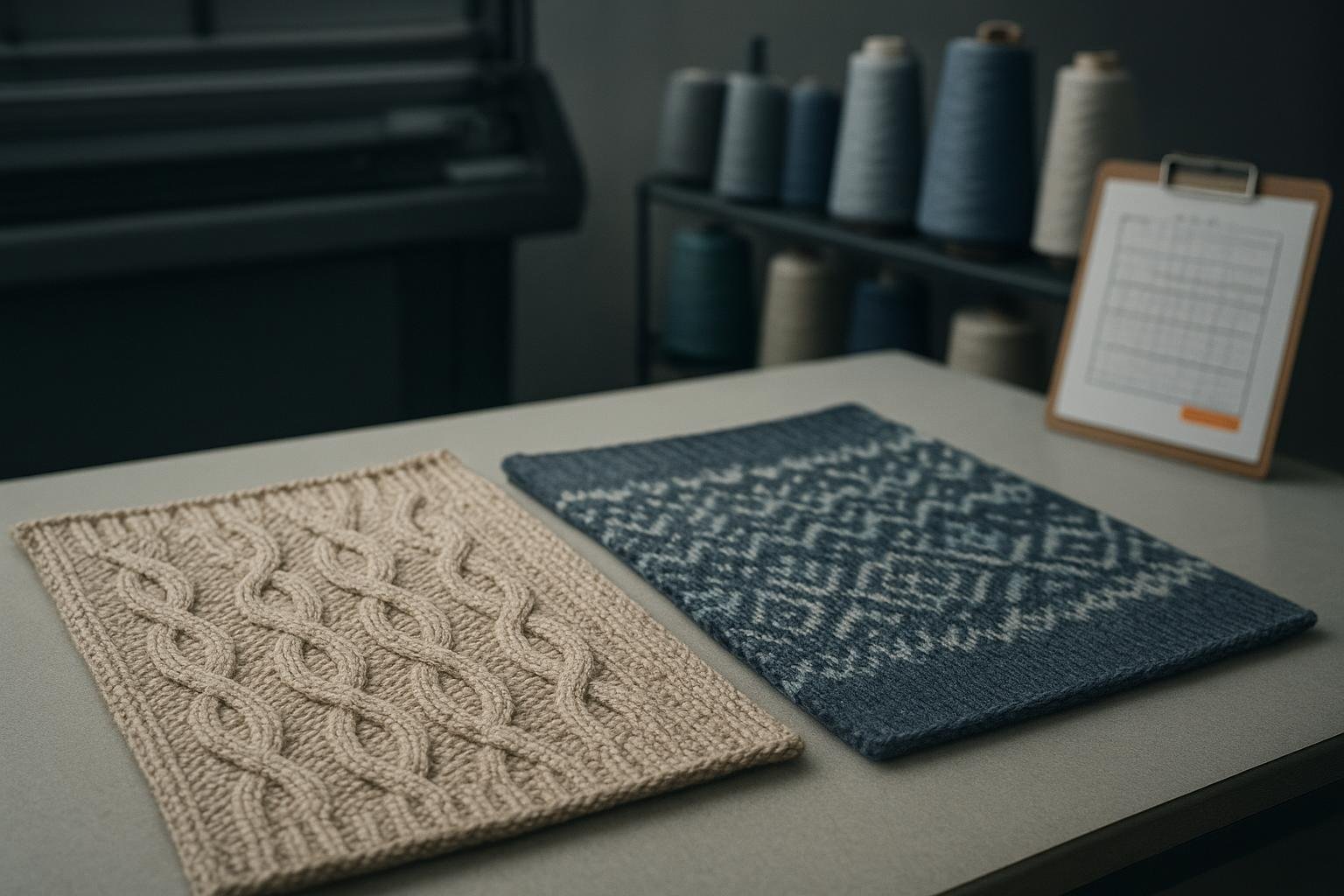 Side-by-side cable knit and Fair Isle knit panels on a production table with yarn cones and a flat knitting machine in the background