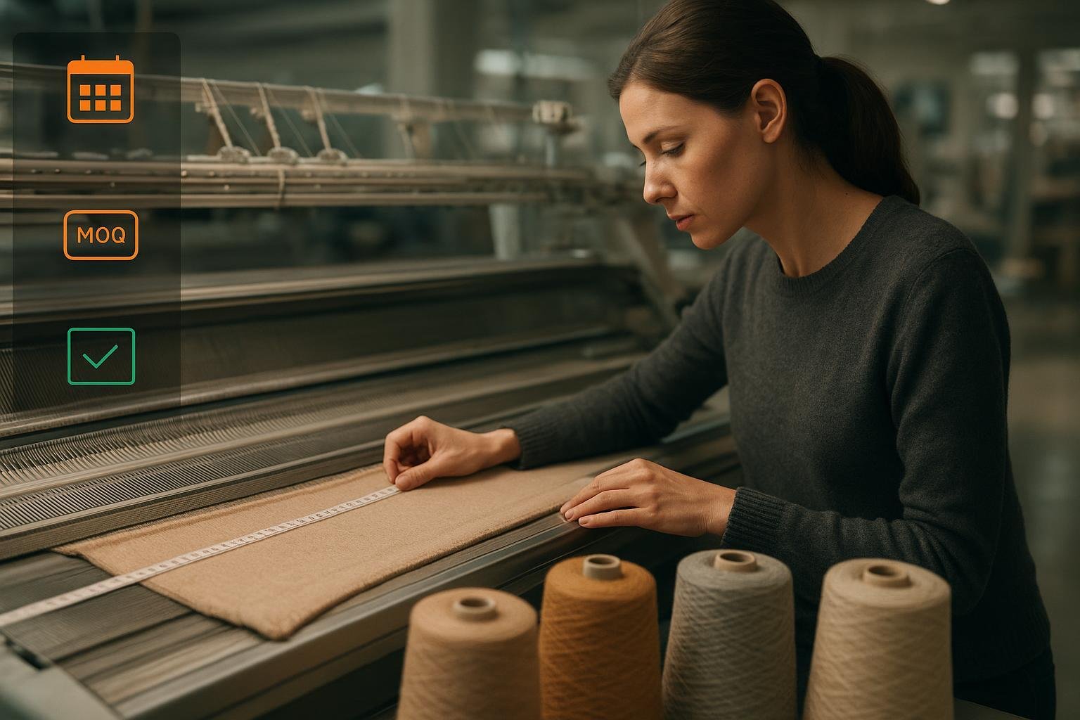 Flat-bed knitting machine producing a fully fashioned sweater panel with yarn cones and a technician measuring the piece; subtle icons for lead time and MOQ.