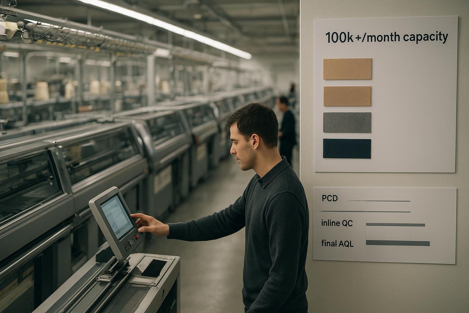 High-volume knitwear factory floor with parallel flat knitting machines and QC milestones visualized