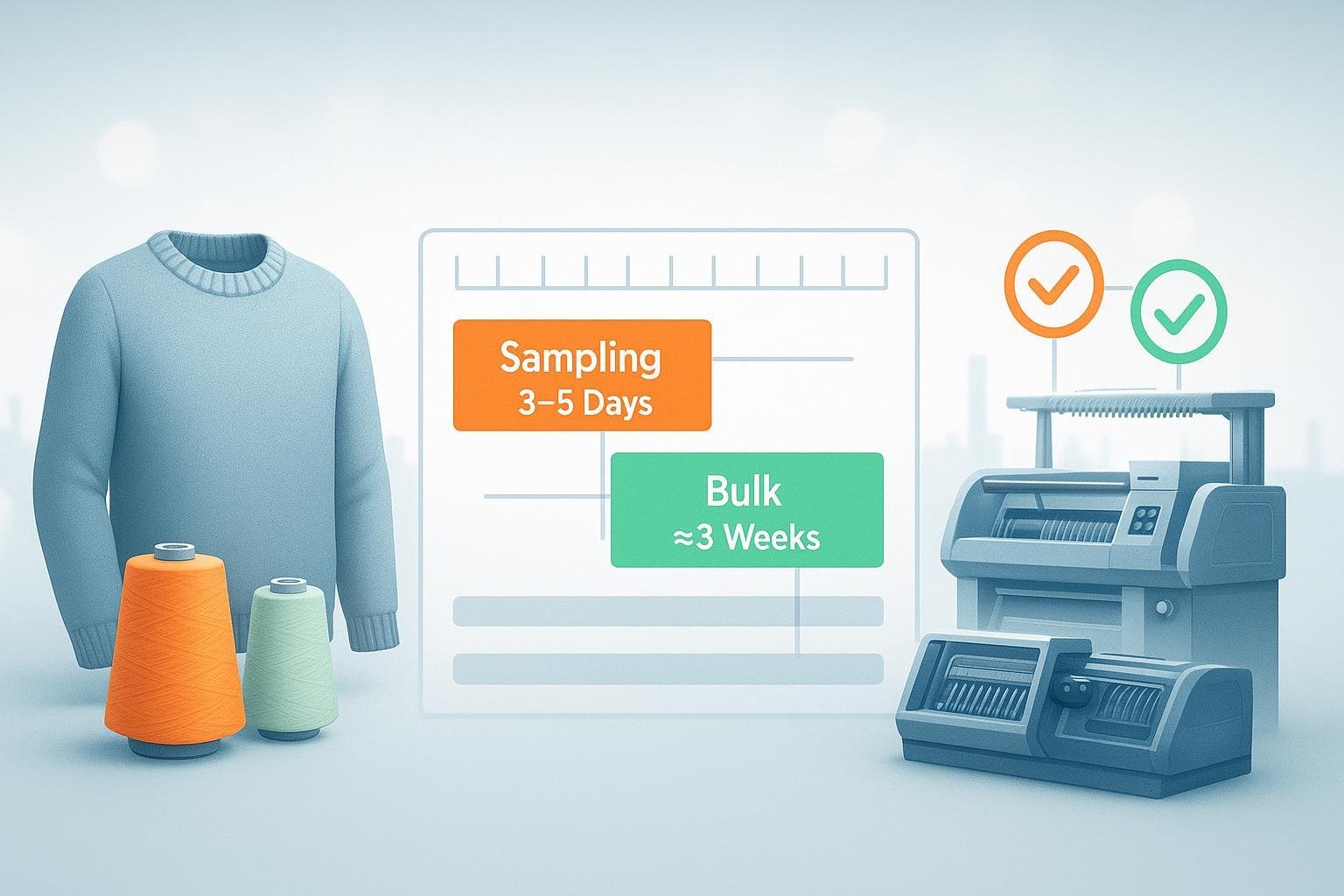 Knitwear production timeline with 3–5 day sampling and ≈3-week bulk lead time visualized on a Gantt chart