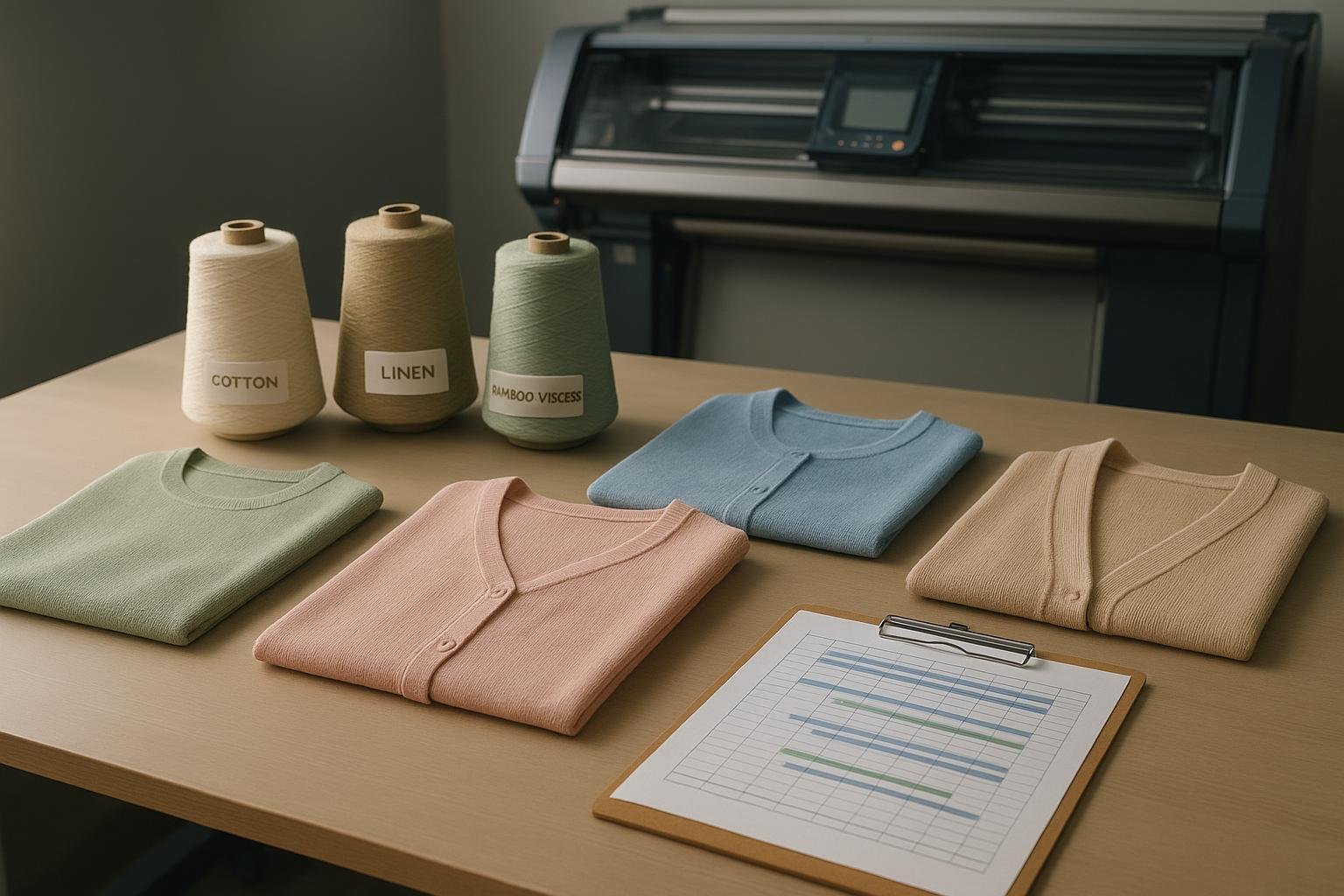 Spring knitwear sampling workflow with pastel sweaters, yarn cones, and a flat knitting machine in the background