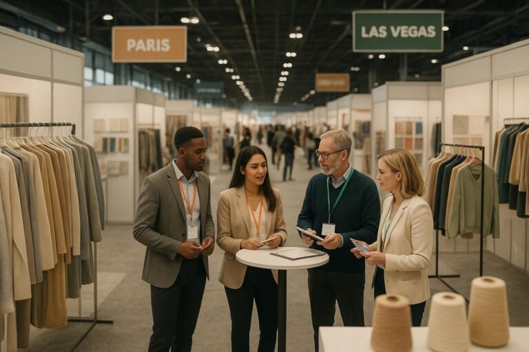 Fashion sourcing trade show floor with fabric swatches, yarn cones, and buyers meeting suppliers