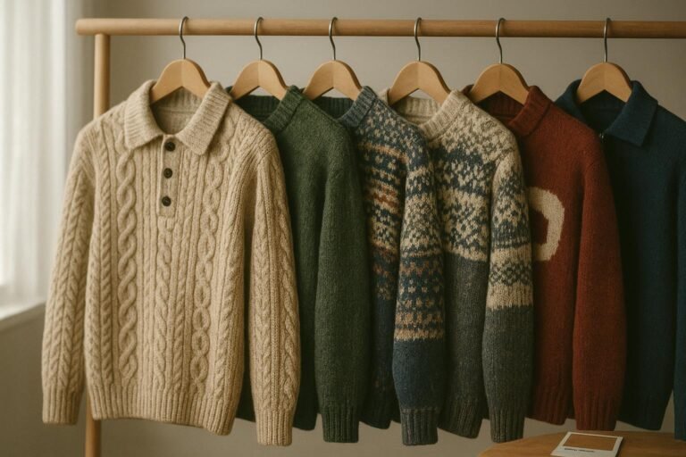 Rack of vintage-style cable, Fair Isle, and intarsia sweaters in warm heathered tones