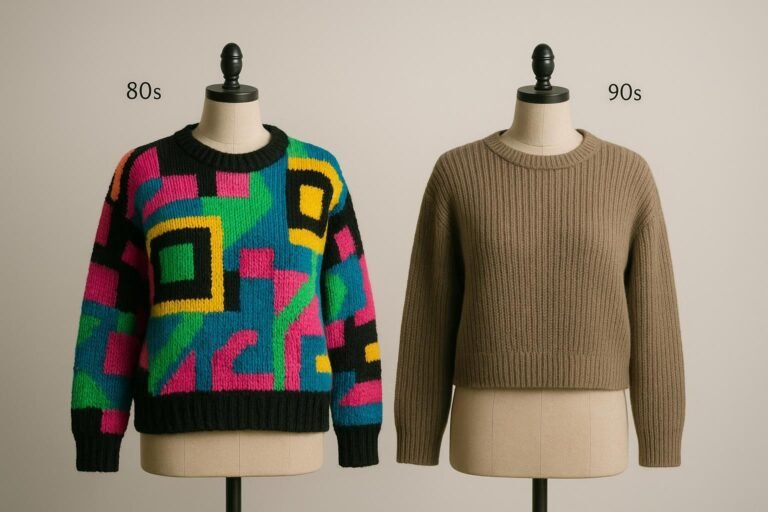 Side-by-side 80s graphic intarsia sweater and 90s minimalist ribbed sweater on dress forms