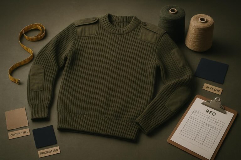 Photorealistic army-style commando sweater with reinforcement patches on a sourcing worktable