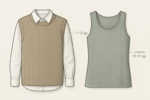 Editorial technical cover illustration of a women’s ribbed sweater vest (7–12 gg) and a cotton knit tank top with openwork, showing trim callouts.
