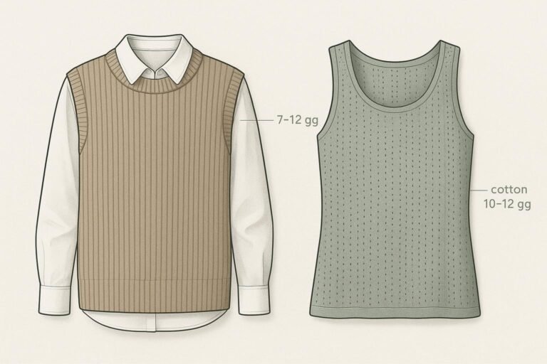 Editorial technical cover illustration of a women’s ribbed sweater vest (7–12 gg) and a cotton knit tank top with openwork, showing trim callouts.