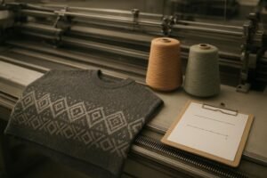 Flat knitting of a poncho-style sweater panel with digital jacquard on a factory machine, yarn cones nearby