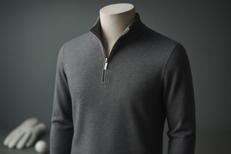 Photorealistic men’s luxury jersey quarter-zip pullover sweater on a minimalist mannequin with premium zipper, athleisure golf vibe