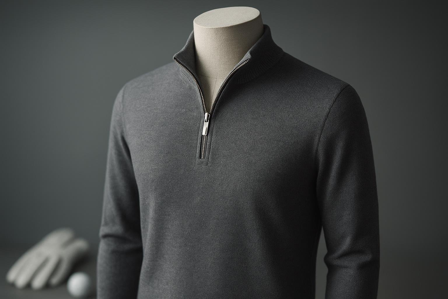 Photorealistic men’s luxury jersey quarter-zip pullover sweater on a minimalist mannequin with premium zipper, athleisure golf vibe