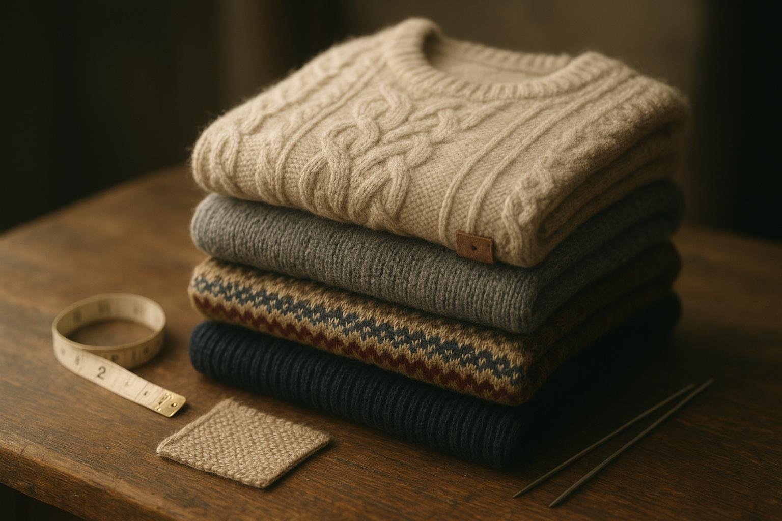 Stack of luxury heritage sweaters—cable cashmere, fisherman wool, Fair Isle, and ribbed merino—on a vintage workbench with knitting tools.