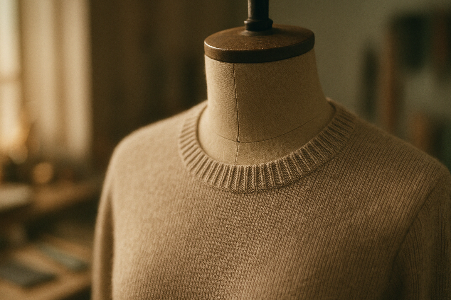 Cinematic close-up of a knit sweater collar on a dress form.