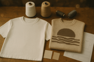 Cinematic flat-lay of a graphic tee and knitted graphic top with swatches and yarn cones on a studio worktable.