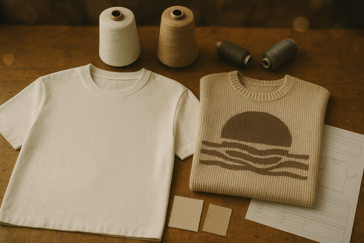 Cinematic flat-lay of a graphic tee and knitted graphic top with swatches and yarn cones on a studio worktable.