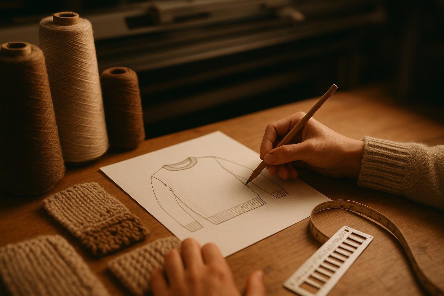 Design your own sweater: a knitwear designer sketching beside yarn cones and swatches