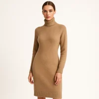Stylish model in camel sweater dress, refined wool knit design