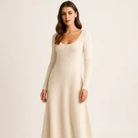 Female model wearing cream knit maxi dress, luxury knitwear factory manufacturer for wholesale and custom production