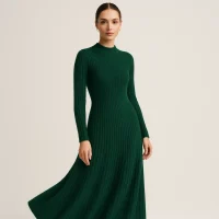 Female model in emerald green long knit dress, refined luxury look