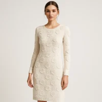 Model showcasing knit flower dress with delicate floral pattern