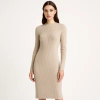 Female model wearing knit midi dress, OEM knitwear manufacturer for global fashion retailers