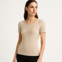 Model wearing knitted ladies top, knitwear factory supplier and OEM manufacturer for B2B buyers