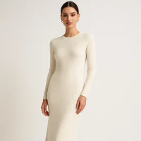 Elegant model in long sleeve knit dress, B2B knitwear supplier and factory manufacturer with custom service