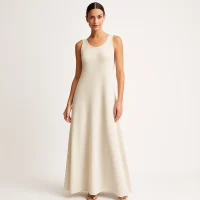 Model in sleeveless knit maxi dress, elegant luxury style